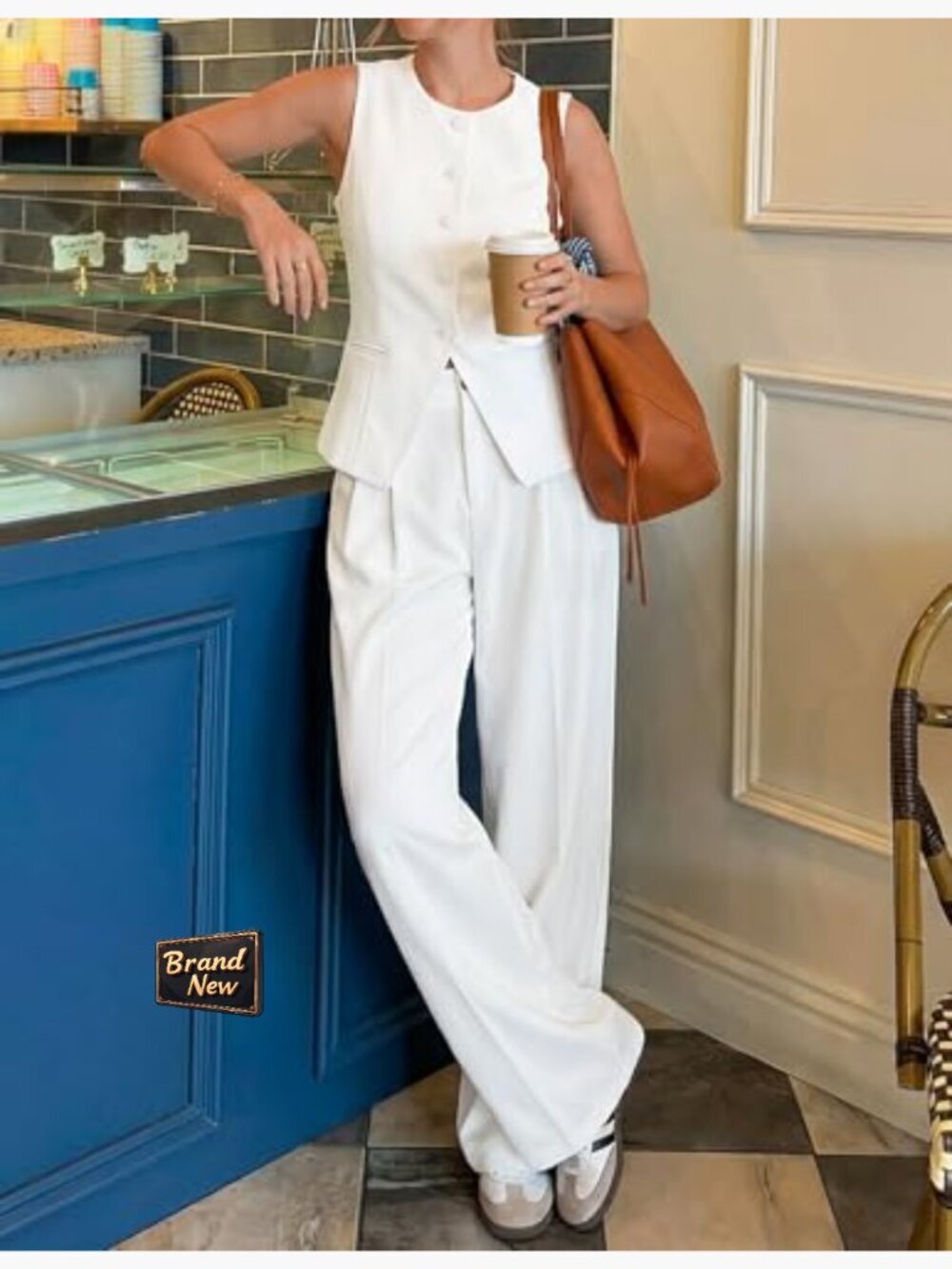 Sleeveless Blazer Vest Wide Leg Pants 2 Piece Suit Set Business Casual Work - Picture 2 of 7